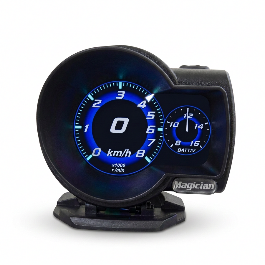 Advanced OBD LCD Gauges front view with blue display