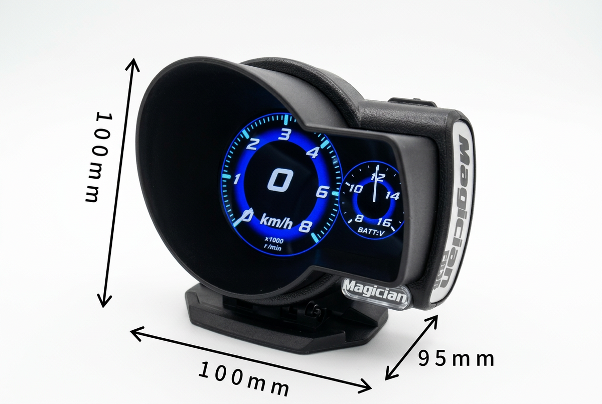 Advanced OBD LCD Gauge dimensions: 100 mm by 100 mm by 95 mm